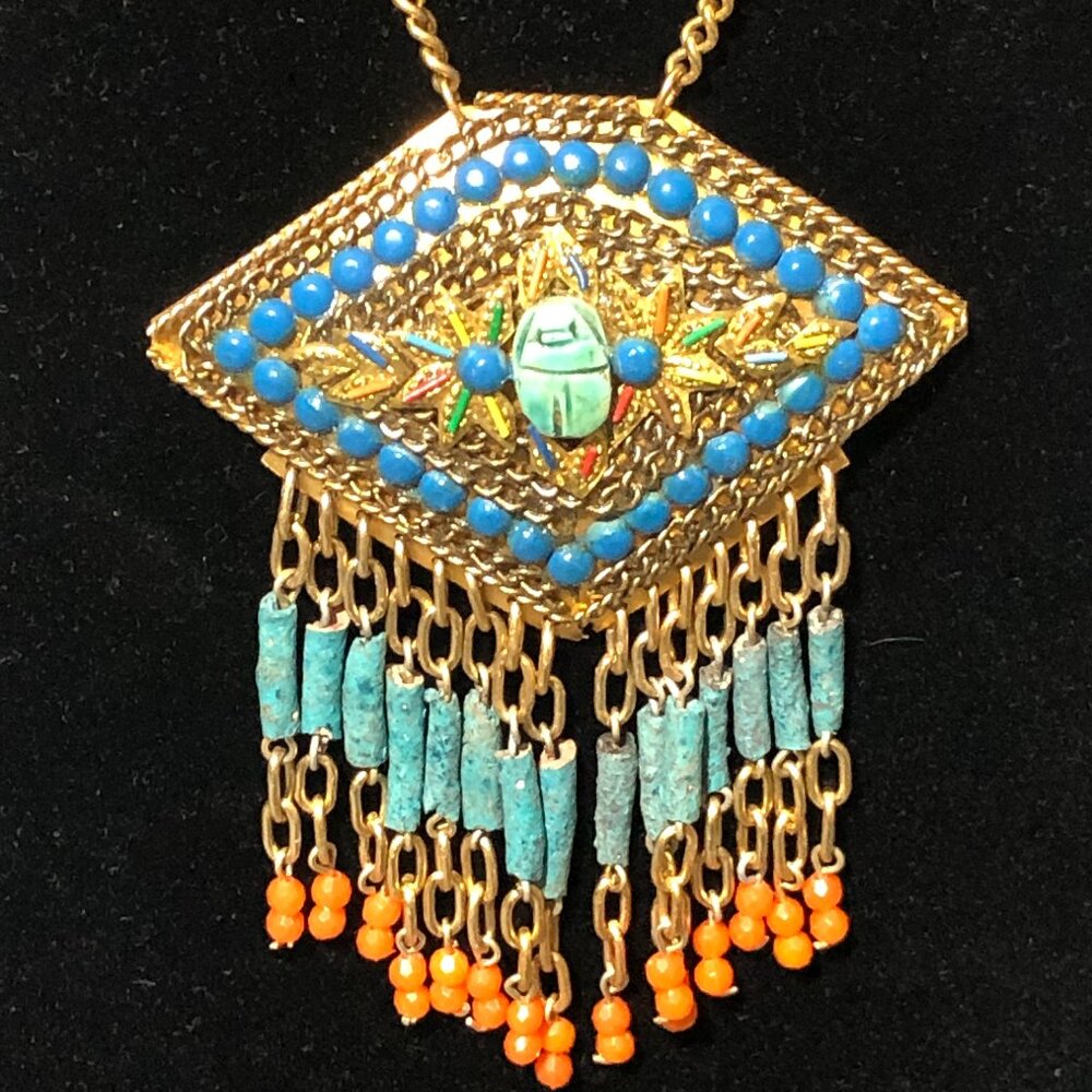 Egyptian Revival Enamel Natural Stone Scarab Chain Pendant Necklace